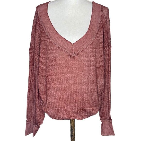 We The Free Wm’s Sz Med Cinnamon Off The Shoulder V Neck Thermal Shirt - Picture 1 of 6